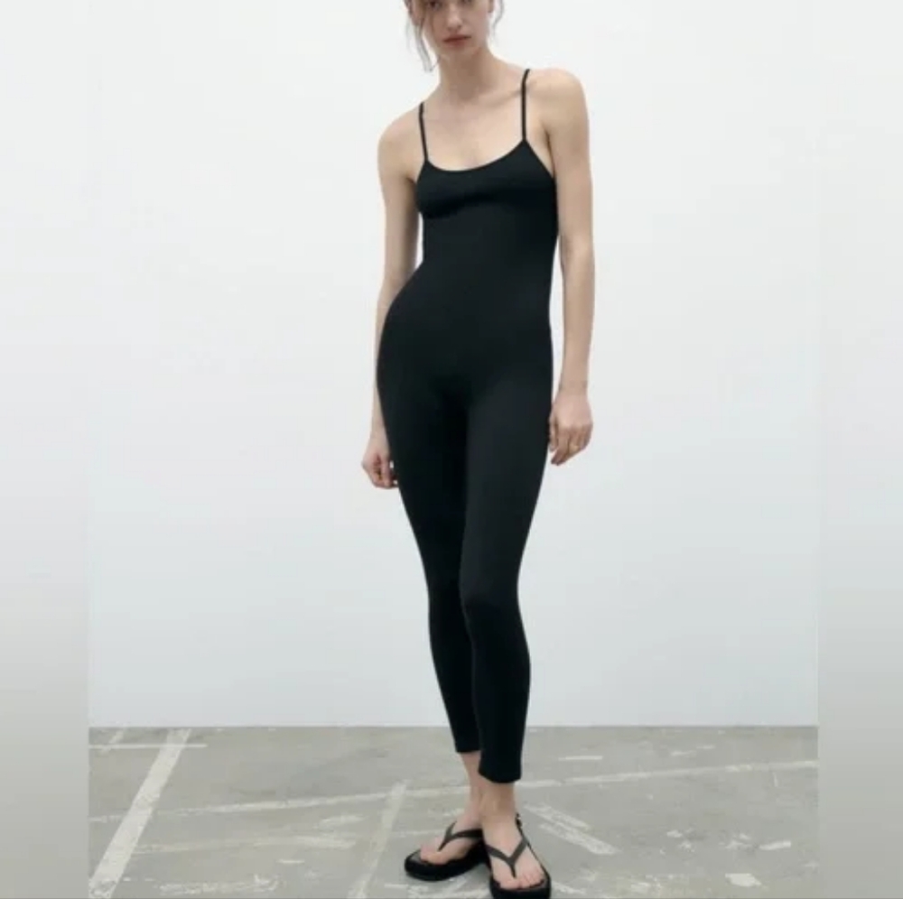 Zara Seamless One Piece Jumpsuit Spaghetti Traps Scoop Neck Black Small S
